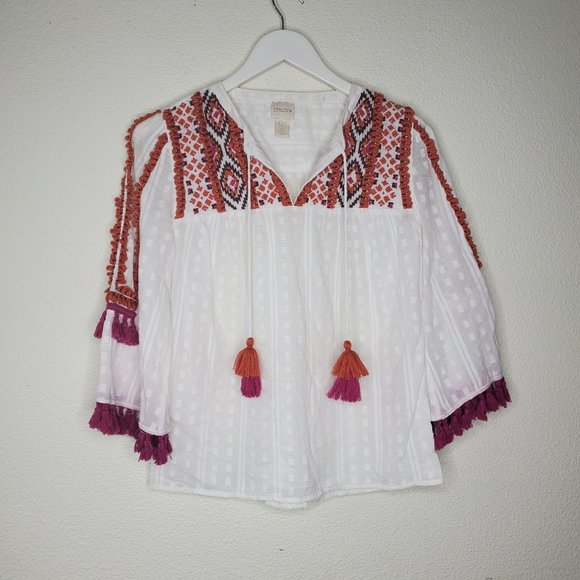 Chico's Tops - Chico's White Pink Orange Tassel Top